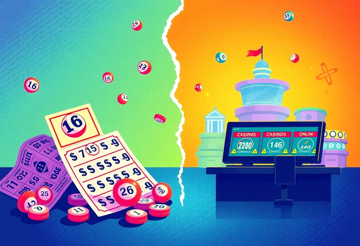 Illustration of lottery tickets next to casino gaming options
