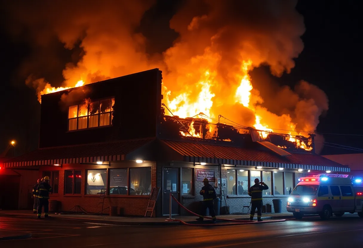 Firefighters combating a blaze at Matunuck Oyster Bar