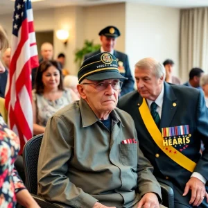 Ceremony honoring a World War II veteran with attendees celebrating