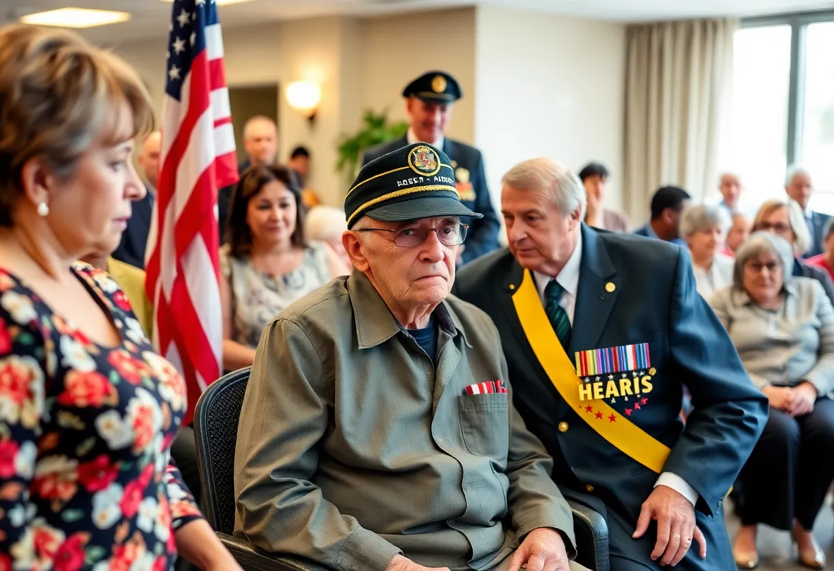 Ceremony honoring a World War II veteran with attendees celebrating