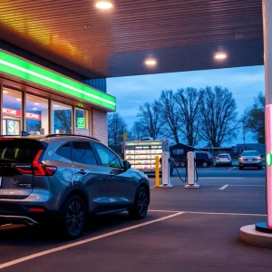 A modern convenience store with EV charging stations