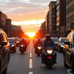 Dramatic street scene depicting motorcycles and cars in Providence