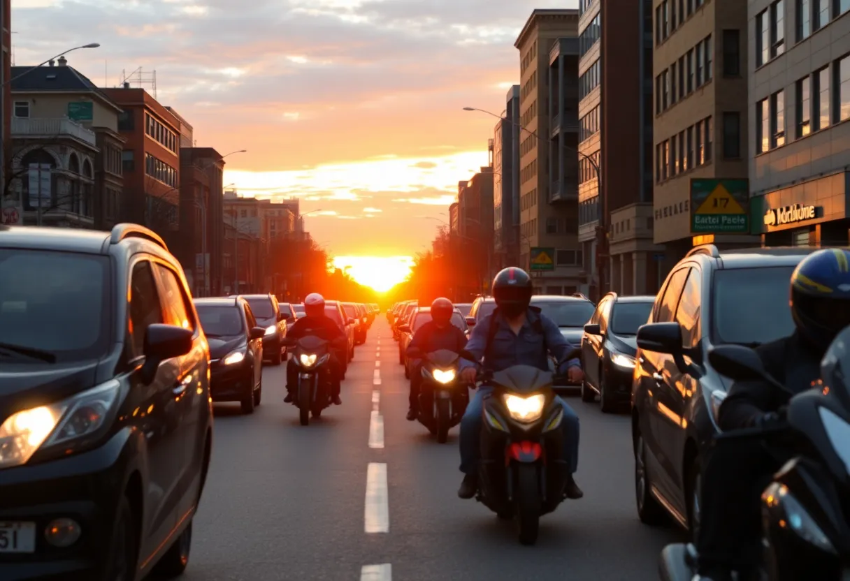 Dramatic street scene depicting motorcycles and cars in Providence