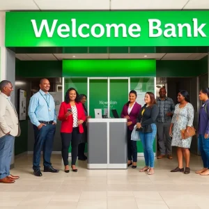 Diverse banking professionals assisting community members