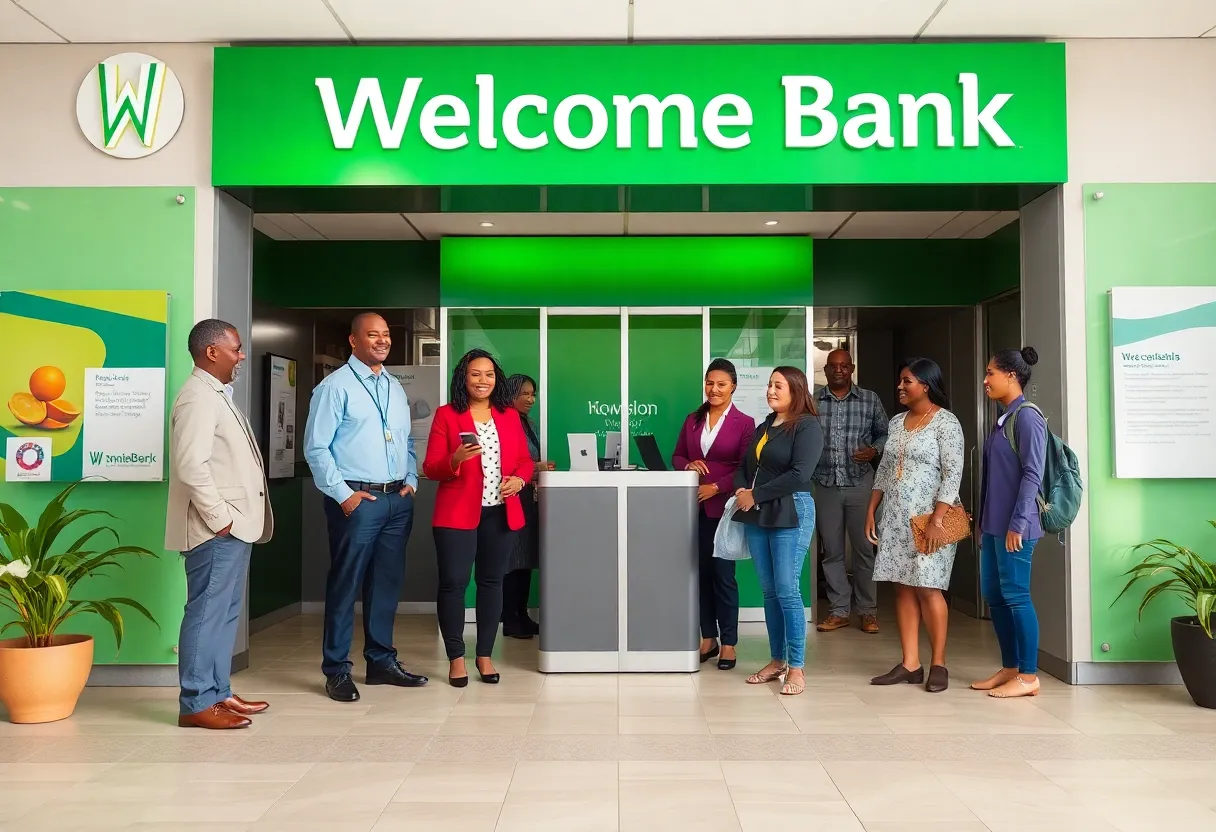 Diverse banking professionals assisting community members