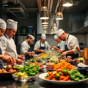 Chefs preparing dishes in a restaurant kitchen emphasizing local produce