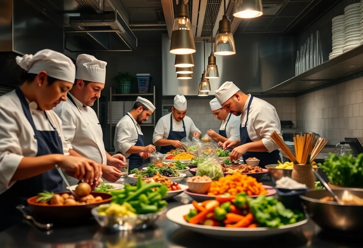 Chefs preparing dishes in a restaurant kitchen emphasizing local produce