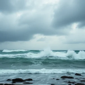 Stormy coastal scene during a nor'easter with dark clouds and crashing waves