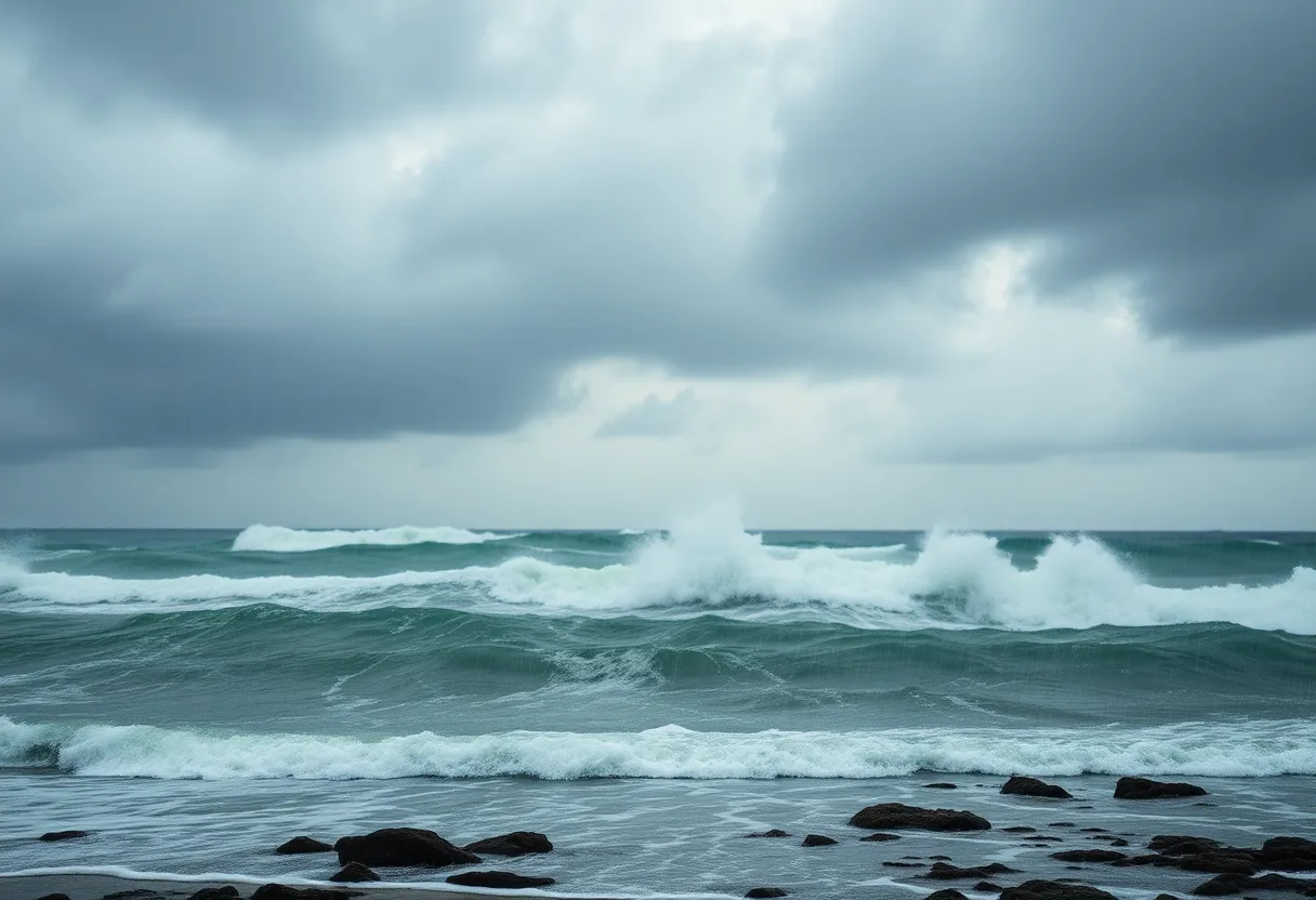 Stormy coastal scene during a nor'easter with dark clouds and crashing waves