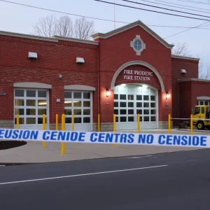Exterior view of North Providence Fire Station during investigation