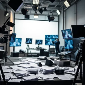 Broadcasting studio with equipment to symbolize NPR and PBS funding changes