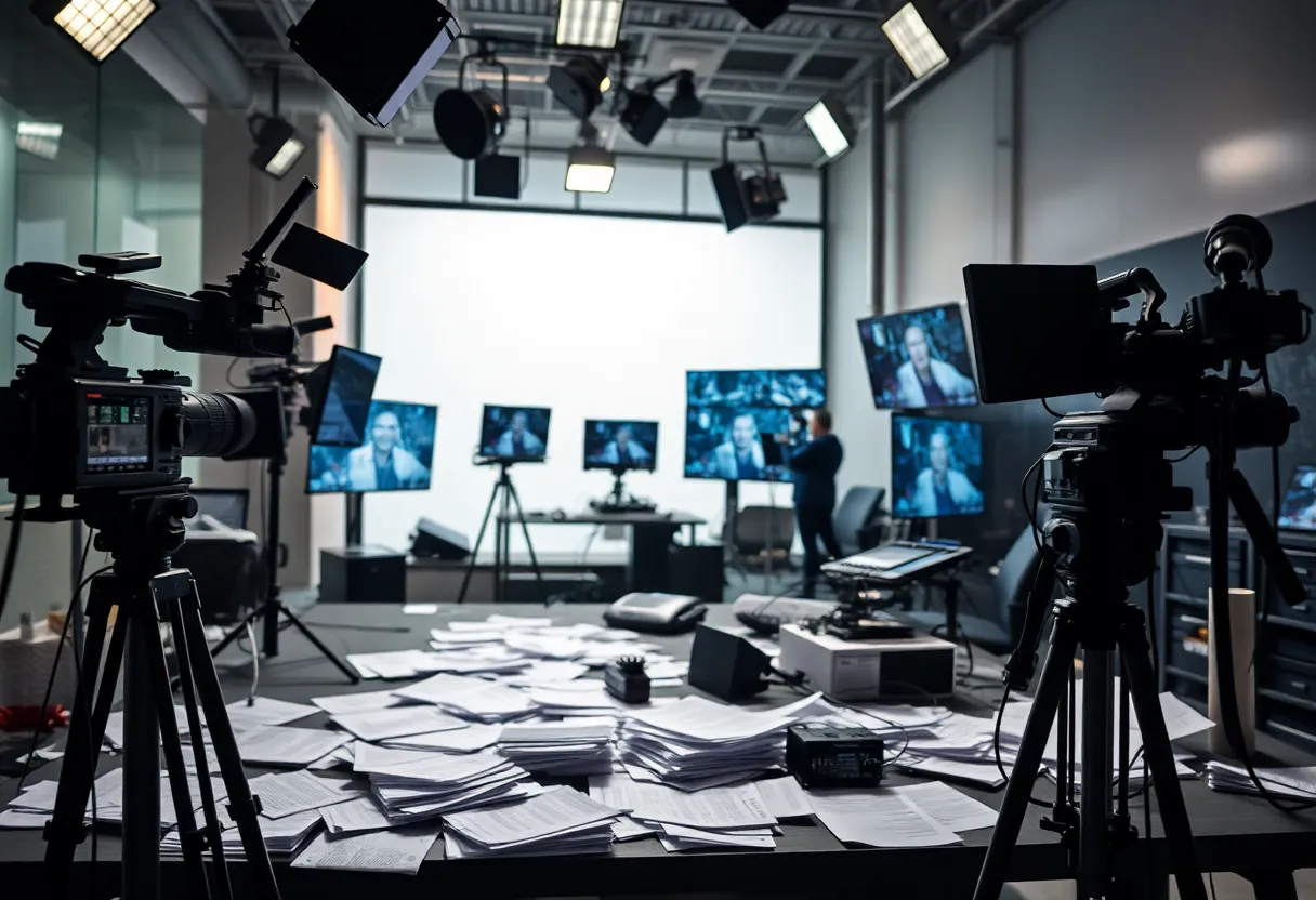 Broadcasting studio with equipment to symbolize NPR and PBS funding changes
