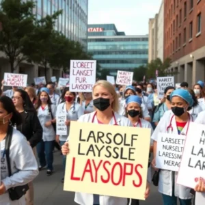 Nurses holding protest signs outside Women & Infants Hospital