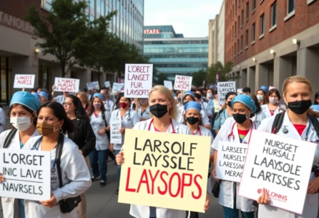 Nurses holding protest signs outside Women & Infants Hospital