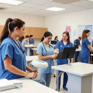 Nursing students practicing in a training session