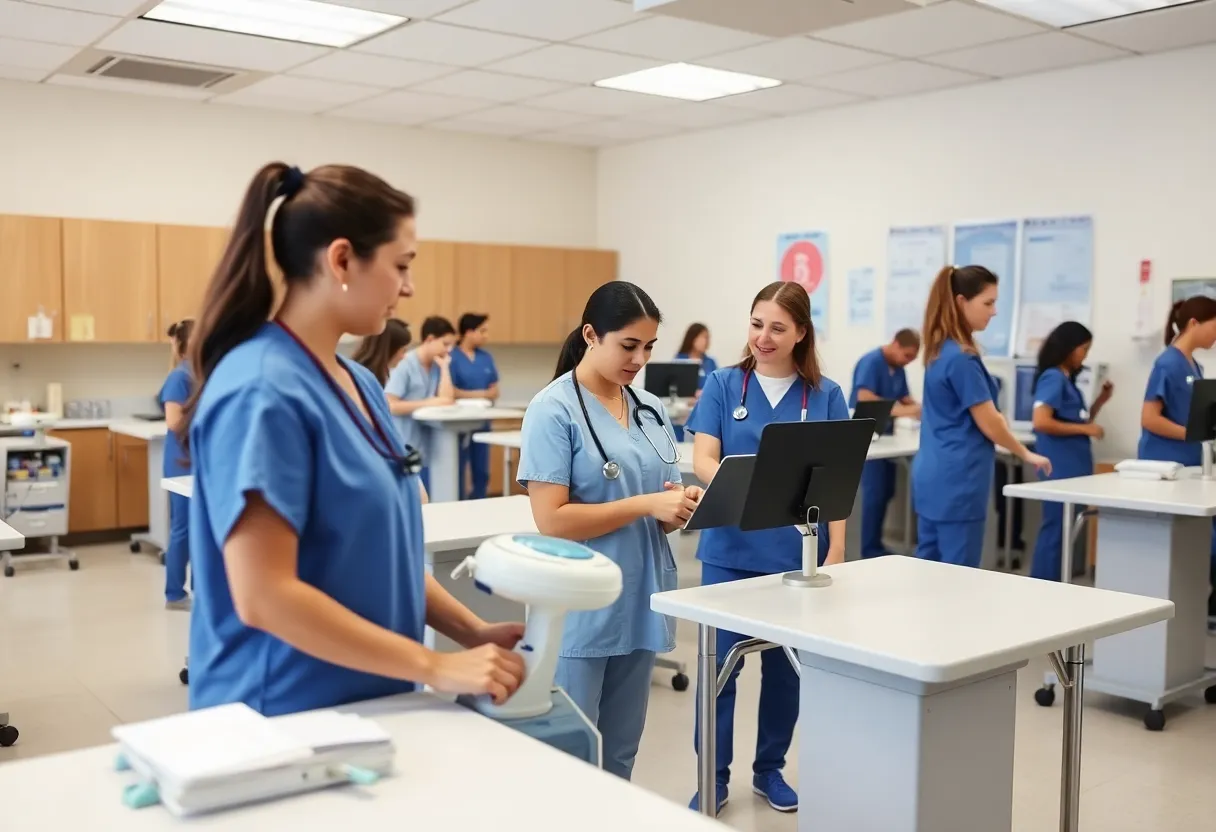 Nursing students practicing in a training session