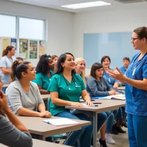 Students in a nursing assistant training classroom learning from instructors