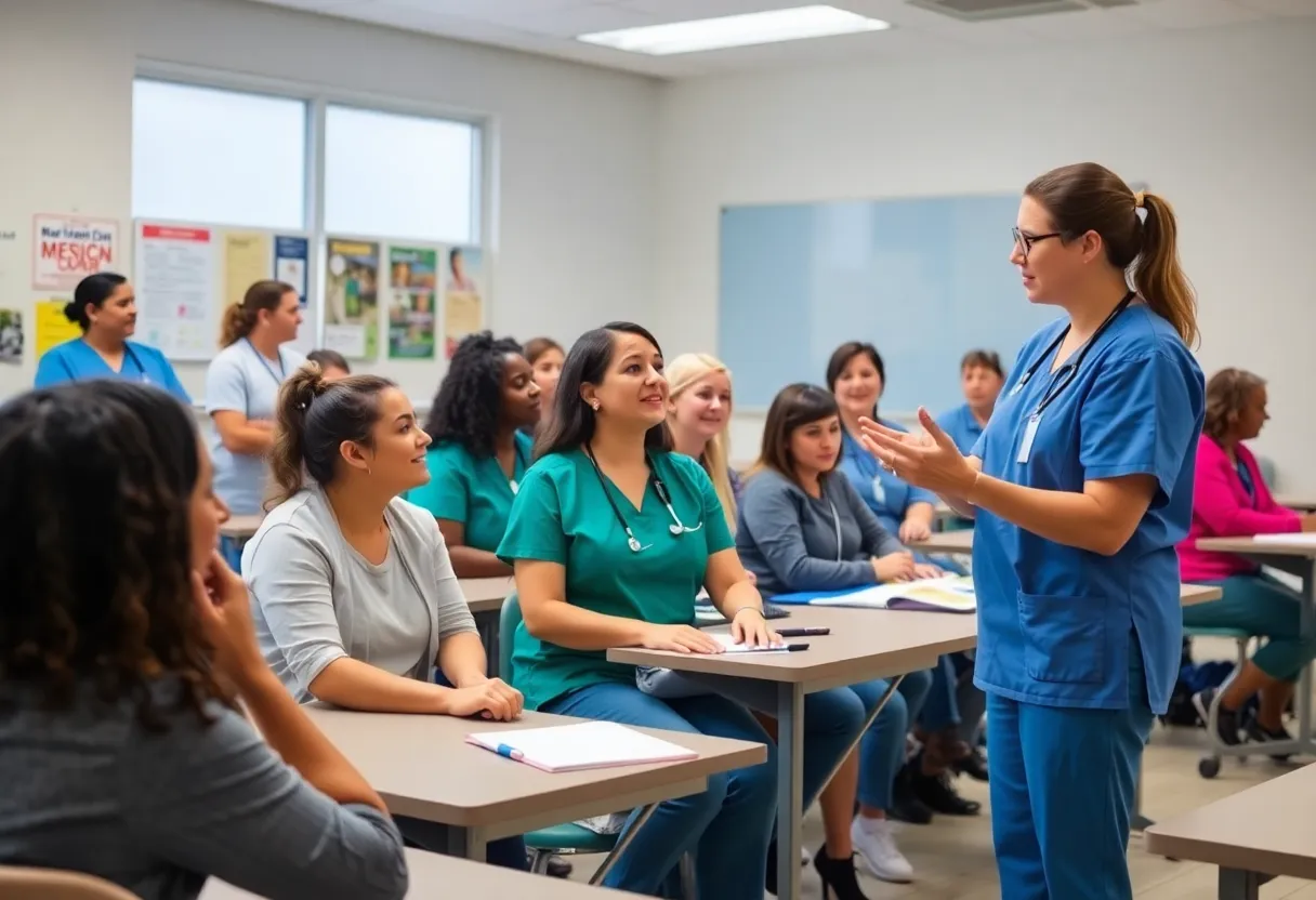 Students in a nursing assistant training classroom learning from instructors