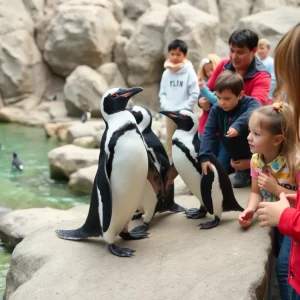 Families engaging with Humboldt penguins at the Penguin Point exhibit in Roger Williams Park Zoo.
