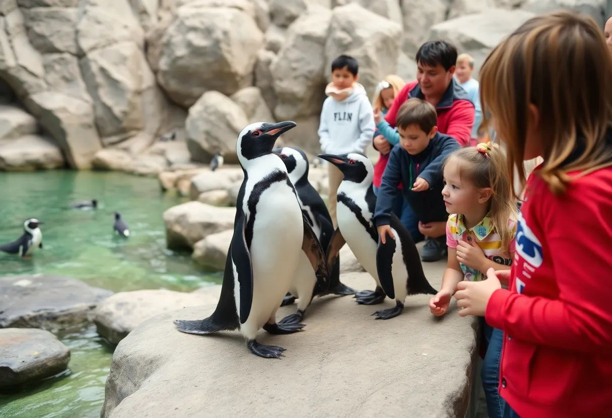 Families engaging with Humboldt penguins at the Penguin Point exhibit in Roger Williams Park Zoo.