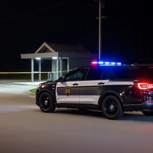 Police car at a rest area near a gray Jeep involved in a kidnapping investigation