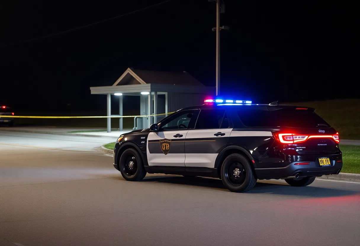 Police car at a rest area near a gray Jeep involved in a kidnapping investigation