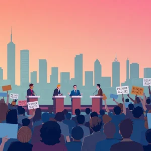 Debate stage focusing on immigration policies with audience members advocating for civil rights