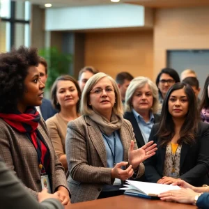 Diverse group discussing politics at a university forum
