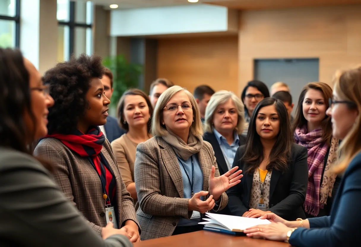 Diverse group discussing politics at a university forum