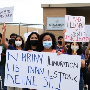Community protest at Wyatt Detention Center against ICE's policies.