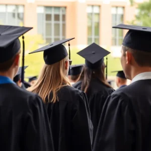 A scene from the Providence College graduation ceremony with graduates and the speaker on stage.