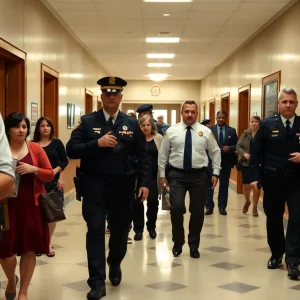 Law enforcement officers responding to an incident at a courthouse