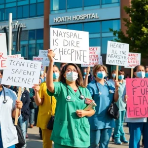 Healthcare workers striking outside Butler Hospital in Providence