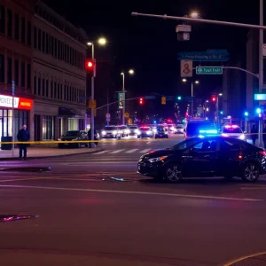 Street intersection in Providence marked by police activity after a hit-and-run incident.