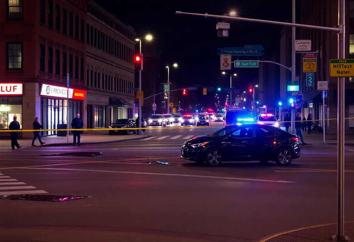 Street intersection in Providence marked by police activity after a hit-and-run incident.