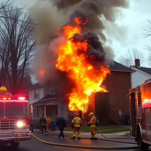 Firefighters combating a large house fire in Providence