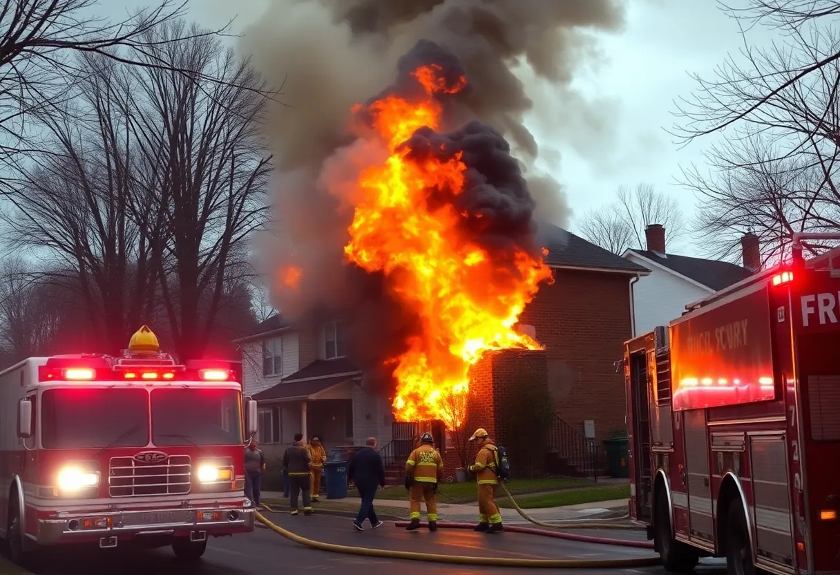 Firefighters combating a large house fire in Providence
