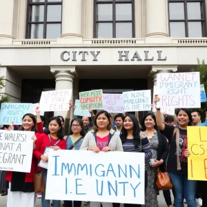 Community members advocate for immigrant rights outside city hall in Providence.