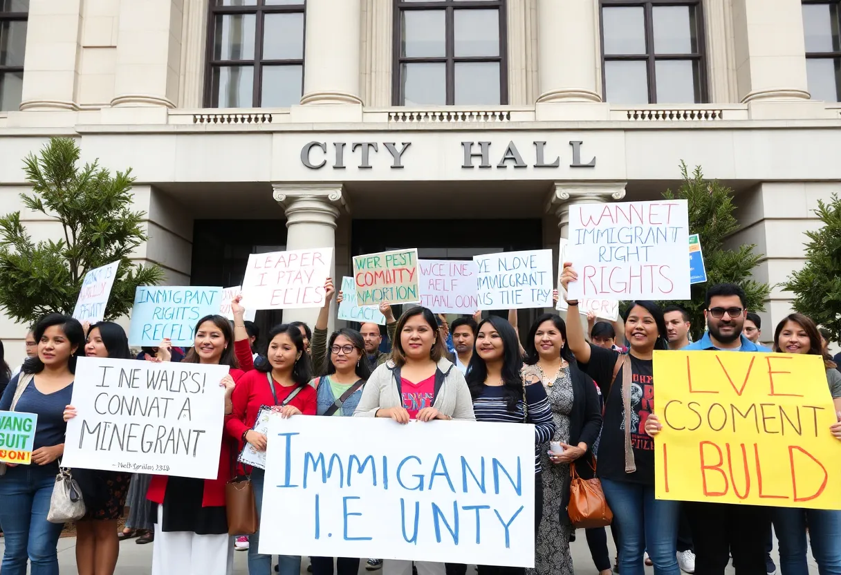 Community members advocate for immigrant rights outside city hall in Providence.