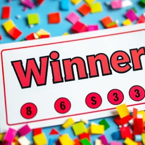 A winning lottery scratch ticket with confetti surrounding it.