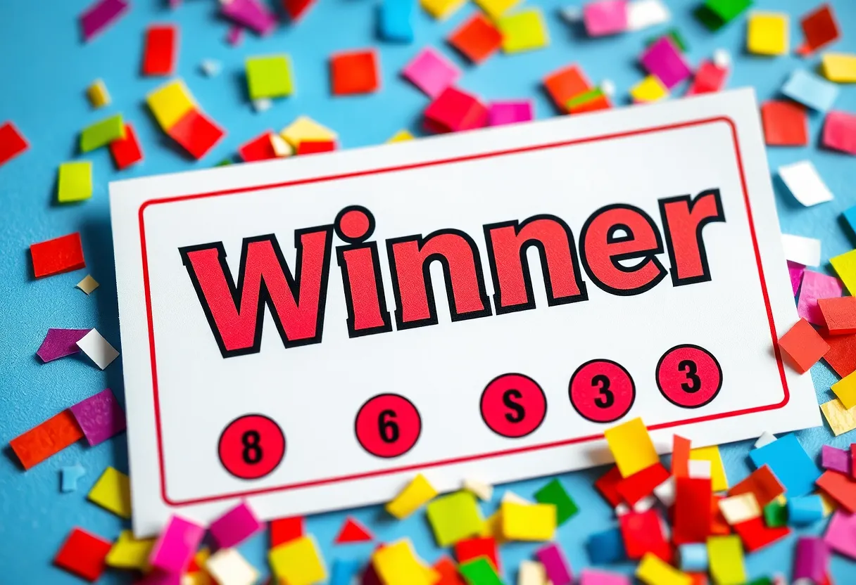 A winning lottery scratch ticket with confetti surrounding it.
