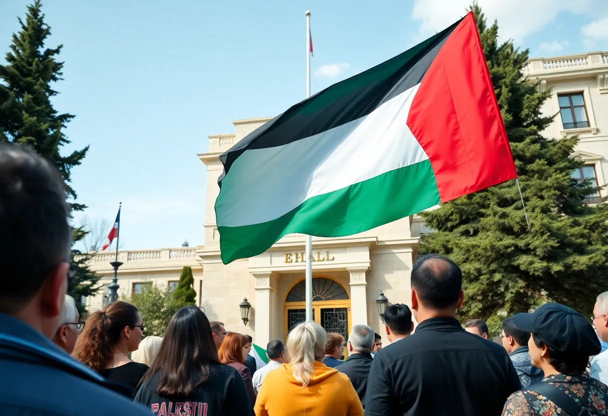 Palestinian flag raised at Providence City Hall during the ceremony.