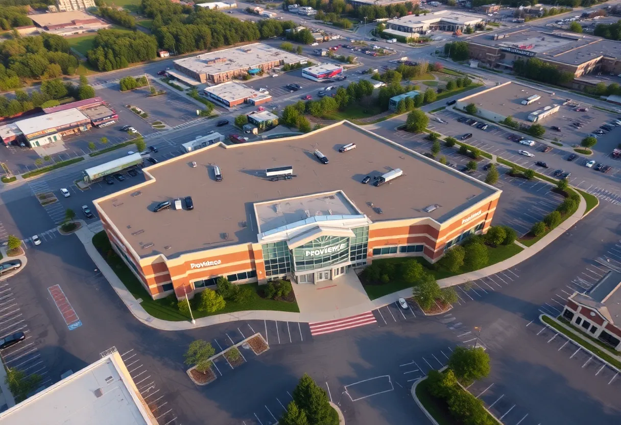 Aerial view of Providence Place Mall with visible entrances and parking lots.
