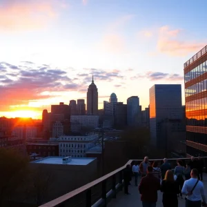 Sunset over the Providence skyline in Rhode Island