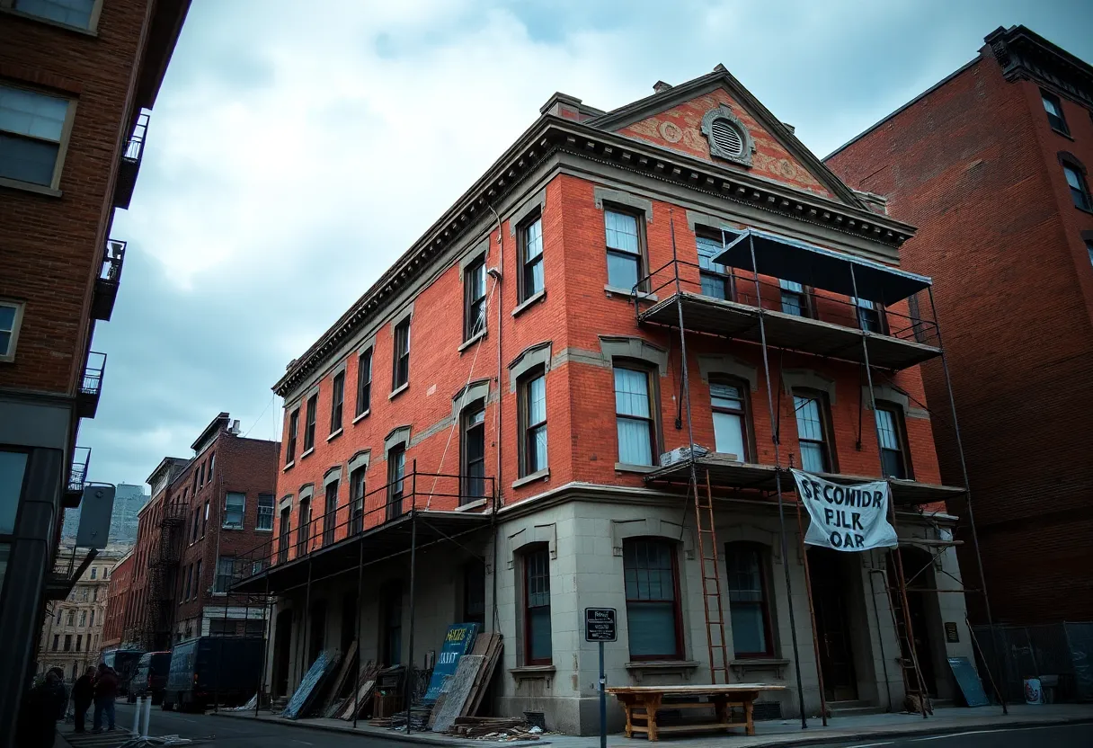 Scaffolding and construction materials at Providence's Superman building