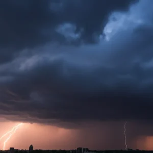 Dark thunderclouds over the city of Providence suggesting severe weather.