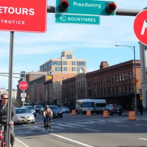 Traffic sign indicating detour on Broad Street in Providence