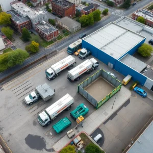 Aerial view of waste management facilities in Providence with garbage trucks