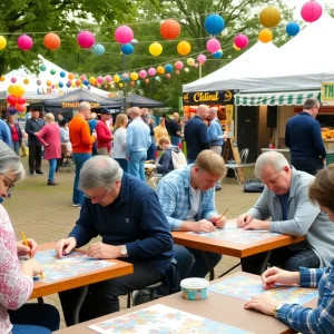 People at a community event solving puzzles and enjoying music.
