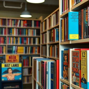 A collection of queer pulp fiction books on a library shelf.